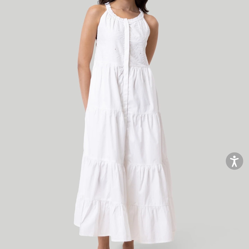 reistor embroidered tiered sleeveless white maxi dress